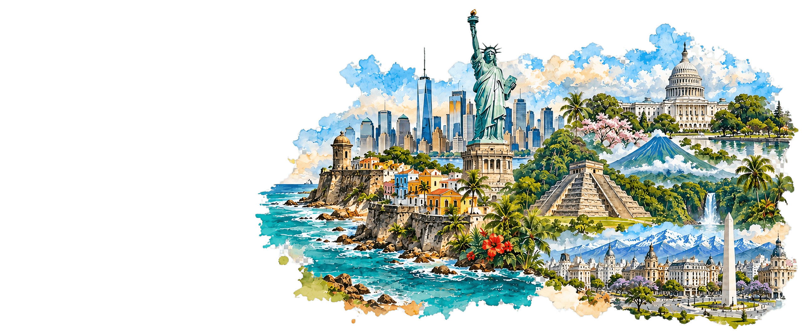 Ilustración representando diferentes países y monumentos de América