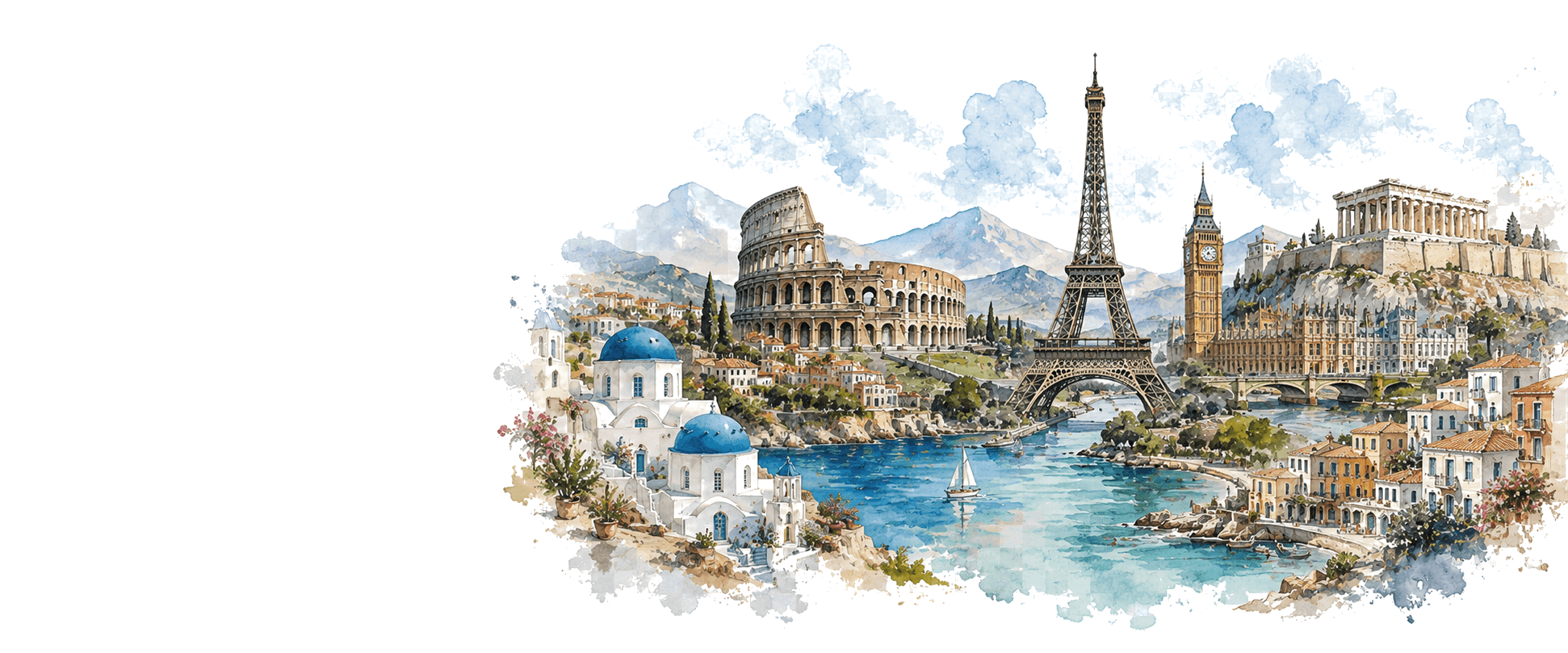 Ilustración de monumentos y paisajes de Europa para Kilómetros de mundo