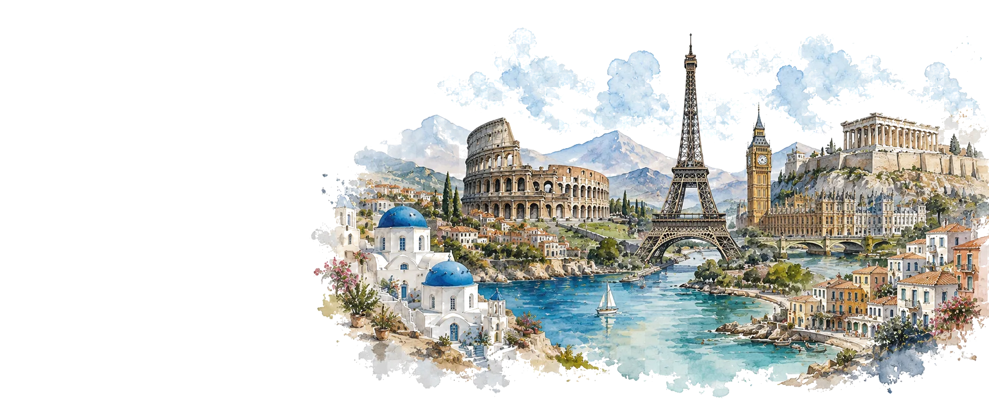 Ilustración de monumentos y paisajes de Europa para Kilómetros de mundo