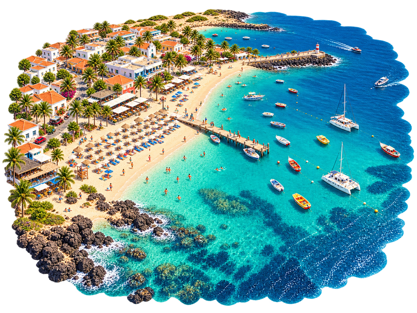 Ilustración de Santa María en Cabo Verde con playa, mar turquesa, palmeras y embarcaciones
