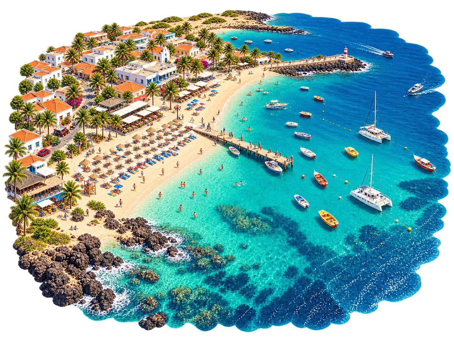 Ilustración de Santa María en Cabo Verde con playa, mar turquesa, palmeras y embarcaciones