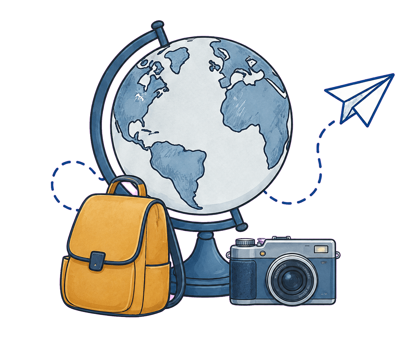 Globo terráqueo ilustrado con accesorios de viaje
