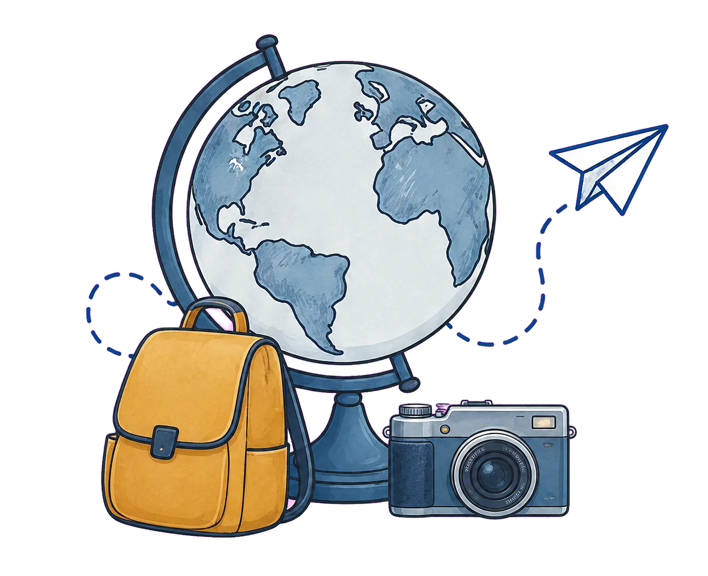 Globo terráqueo ilustrado con accesorios de viaje