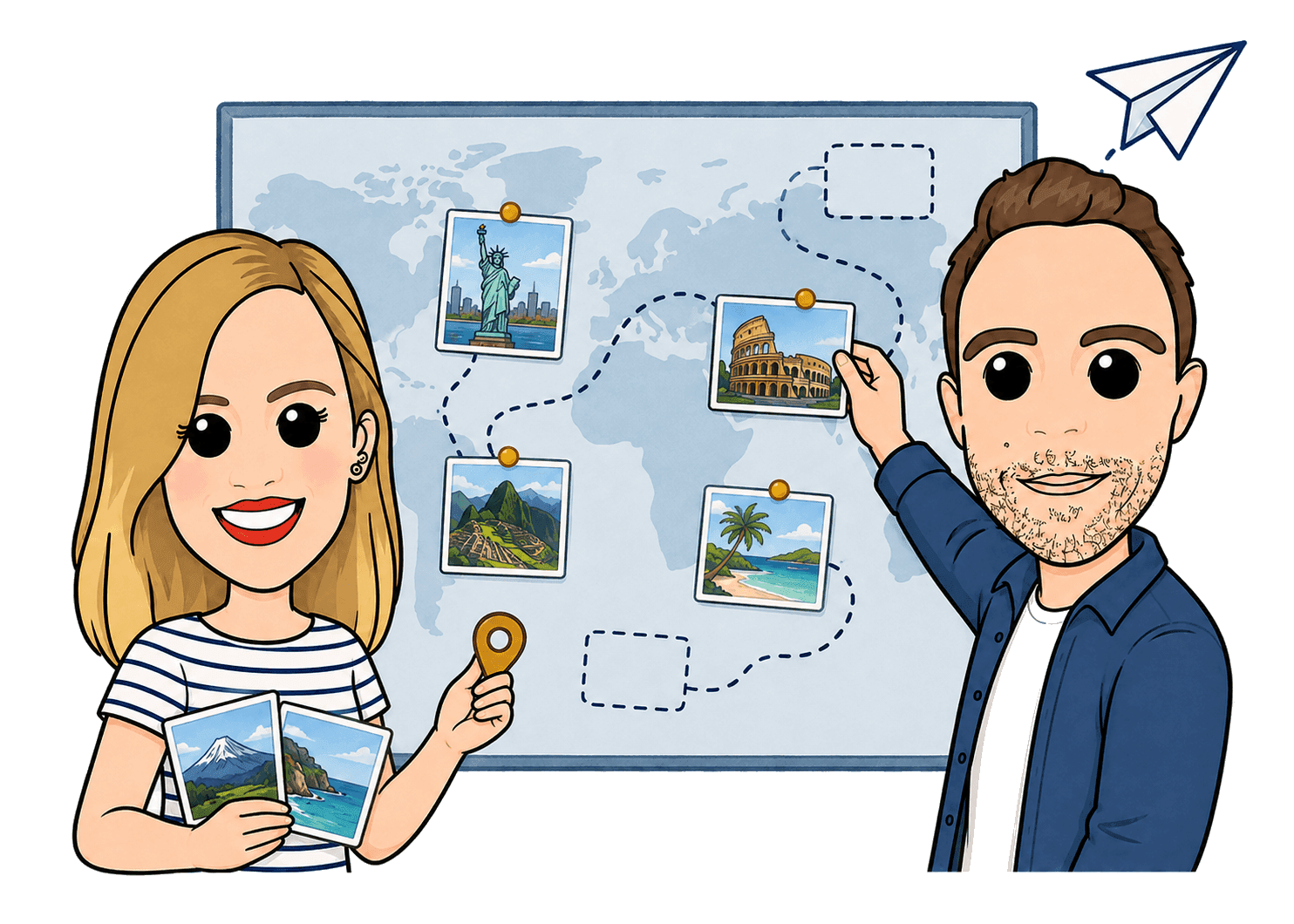 Luis y Patri frente a un mapa con próximos destinos de Kilómetros de Mundo