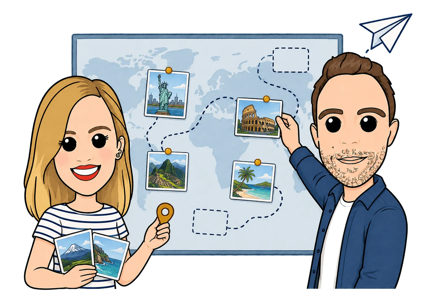 Luis y Patri frente a un mapa con próximos destinos de Kilómetros de Mundo