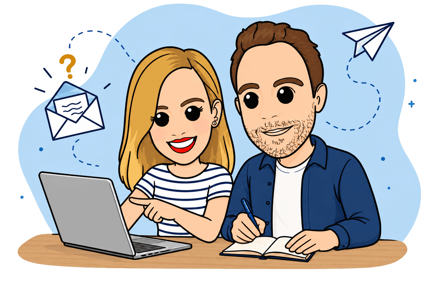 Avatares de Luis y Patri respondiendo consultas de contacto de Kilómetros de Mundo
