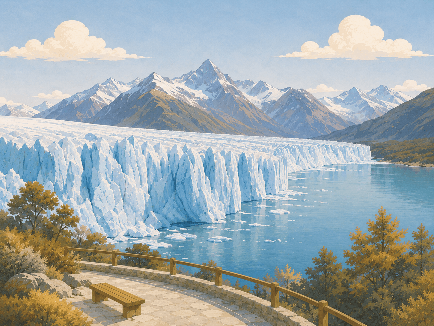 Ilustración de un paisaje de montaña y glaciar para la sección América