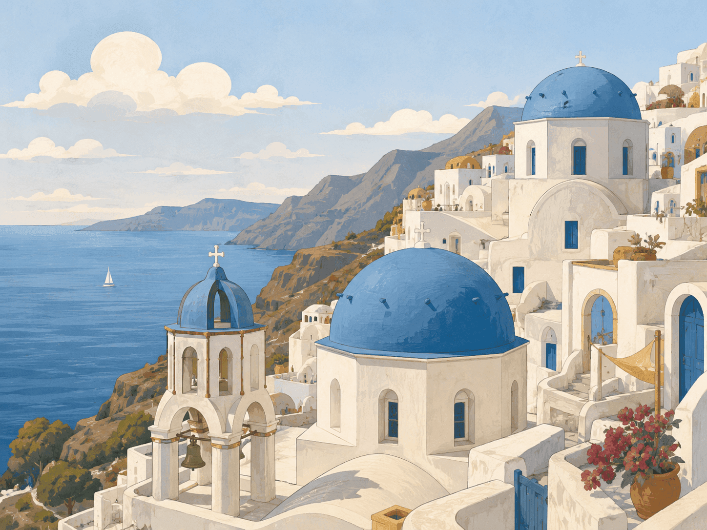 lustración de Santorini, Grecia, para la sección Europa